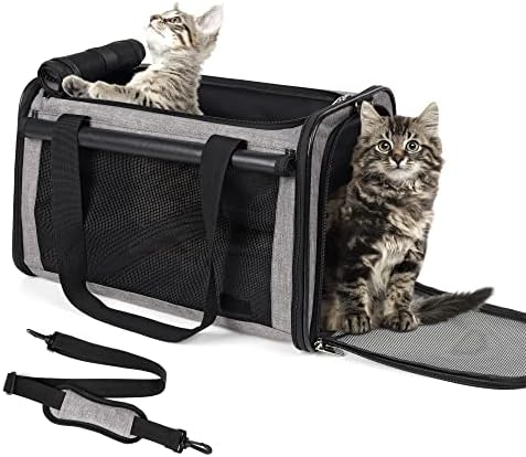 YUDODO Pet Carriers Airline Approved Dog Cat Travel Soft Sided Carrier Reflective Mesh Safe Pet Cat Carrier Foldable Portable Small Animal Rabbit Puppy Cat Carrier Grey