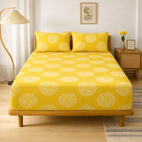 Image of Cotton Elastic Fitted Bedsheets with 2 King Size Pillow Covers Double Bed with All Around Elastic Supersoft Size - 72 King Sizex78+8 inches Color - Sunflower Yellow