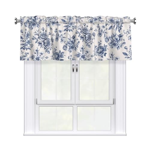 Miaoquhe Floral Valances for Windows 54x18 Chinoiserie Flowers Blue and White Short Curtains for Kitchen Spring Vintage Small Window Treatment Rod Pocket Valance for Bedroom Dining Room Decor