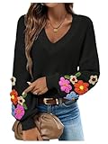 BEAUDRM Women's Floral Sweater Fall Lightweight Cozy Sweaters V Neck Long Sleeve Knit Jumpers Tops Black Large