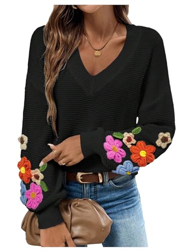BEAUDRM Women's Floral Sweater Fall Lightweight Cozy Sweaters V Neck Long Sleeve Knit Jumpers Tops Black X-Large