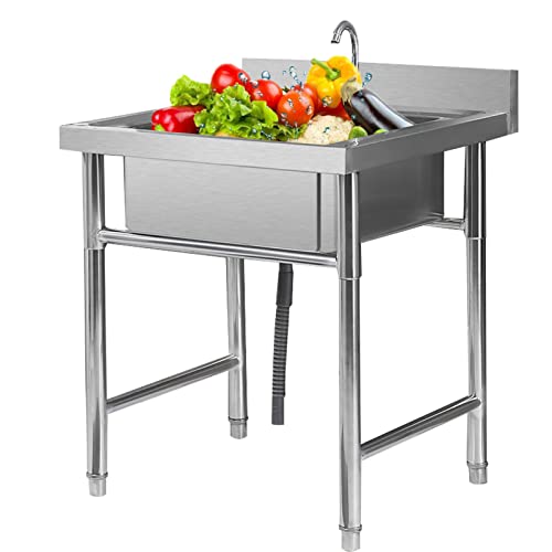 URYYRIT Fregadero de cocina móvil de acero inoxidable para lavar a mano, lavabo de un solo cuenco, fregadero comercial, interior, exterior, granja, cafetería, tienda, hospital