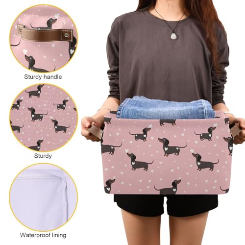 Image of Aslsiy Storage Basket Dachshund Dogs and Hearts Pink-1 Nursery Bins Baby Canvas Box Clothes Shelf Basket Laundry Hampers 2 Pcs