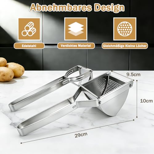 Foto von HOTLIKE Kartoffelpresse aus Edelstahl, Spätzlepresse 3 PCS Set, Professionelle Spätzlechef mit Pinsel, Schäler, Kartoffelquetsche Presse Ricer für Kartoffelpüree, Obstsäfte, Gemüsebrei, Püree