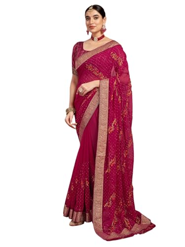 Image of Satrani Women's Georgette Embroidery & Stone Work Saree with Unstitched Blouse Piece