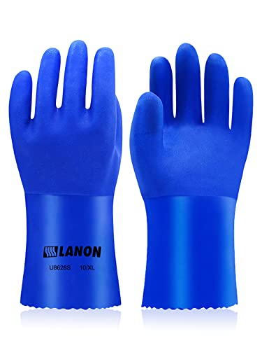 Lanon Chemical Resistant Gloves, Pvc Work Gloves For Men And Women, Resist Acid, Alkali, Solvent, Oil, Aging & Abrasion Resistance Non-Slip Heavy Duty Ruber Gloves #TOP2
