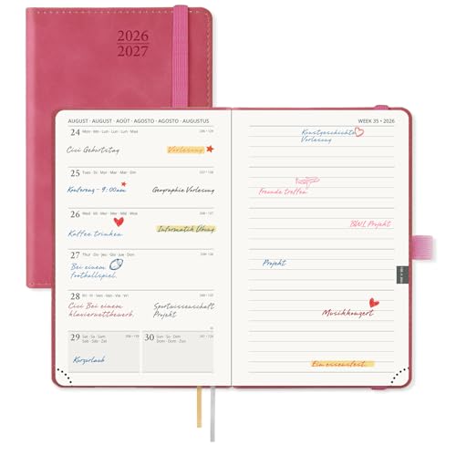 POPRUN Taschenkalender 2026 2027 Klein Notizbuch (Aug.2026-Dez.2027) ca. A6 (16 x 10 5 cm) kalender 2027 Klein mit Softcover - Terminplaner mit PU-Leder (Purpurrot)