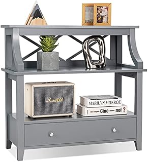 COSTWAY Console Table, Wooden Narrow Hall Desk Sofa Side Table with Drawer and Open Storage Shelves, X-Shaped End Display Accent Table for Living Room Bedroom Entryway Hallway (Grey)