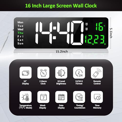 Image of Plastic Digital Wall Clock with Remote,16 Inch Large Display Digital Wall Clocks with Time Date Temp Week,Big Digit,12 /24Hr,Auto-Dimming,LED Digital Clock for Living Room,Store,Garage,Black