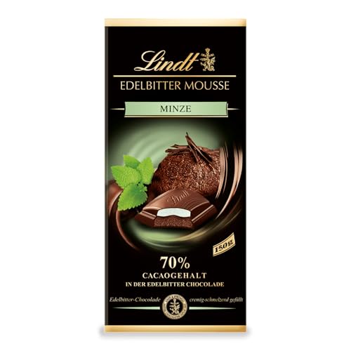 Lindt Schokolade Edelbitter Mousse Minze | 150 g Tafel | Mit 70 % Kakaogehalt und dunkler Mousse au Chocolat und Minze Füllung | Schokoladentafel | Schokoladengeschenk | dunkle Schokolade