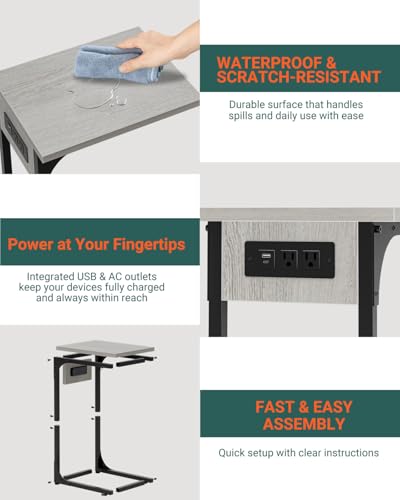 Image of C-Shaped Side Table for Couch - Small Coffee Stand Sofa Tray Desk with Metal Frame Waterproof Scratch Resistant Wood Top and Built-in Charging Station, Greige