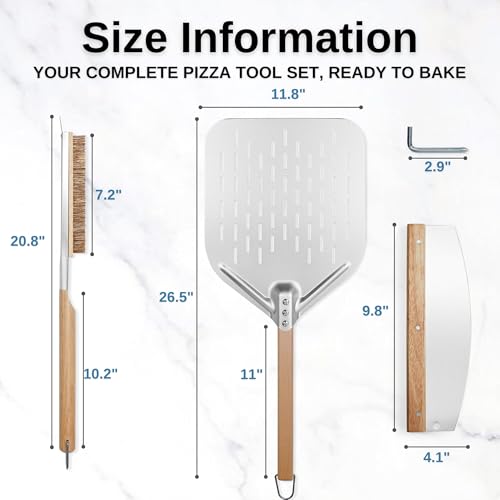 MUMSUNG Pizza Peel Aluminum Pizzas Spatula Perforated, Pizza Rocker Cutter and Pizza Oven Brush with Stone Scraper, 3Pcs Pizza Oven Accessories Set for Homemade Pizza Oven Baking Pizza, Dough & Bread - Thumbnail 4