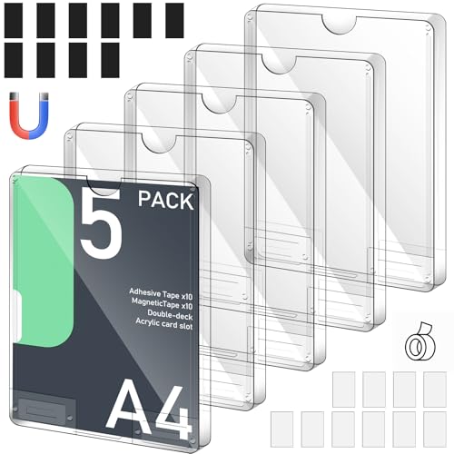 Lot de 5 cadres magnétiques A4, double couche, en matériau acrylique, format A4, vertical, avec colle, porte-feuilles, pour cadre d'information, support autocollant
