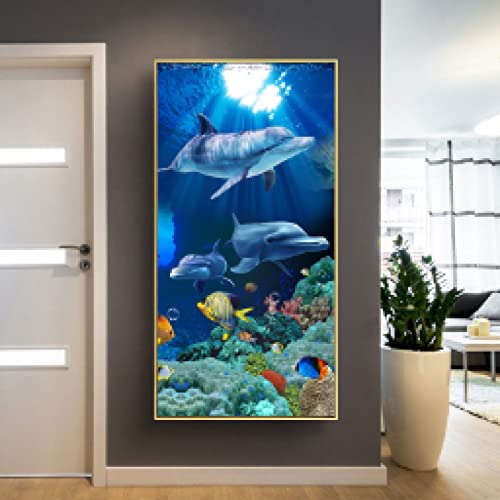Affiche poisson dauphin corail en toile 70x140cm pour décoration marine du salon