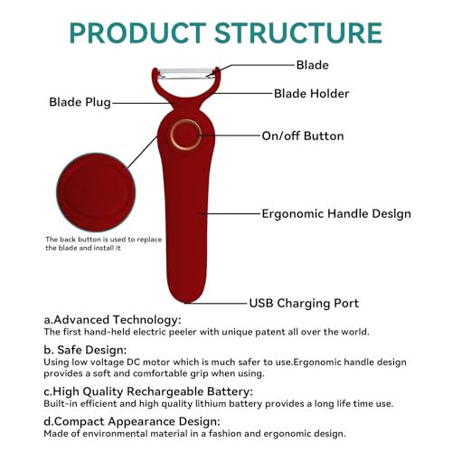 Image of 3-in-1 Electric Peeler | Auto Blade for Fruits /Vegetables | 3 Interchangeable Blades | Type-C Charging,Battery Capacity 1500 mAh | Kitchen, Travel, Camping Red