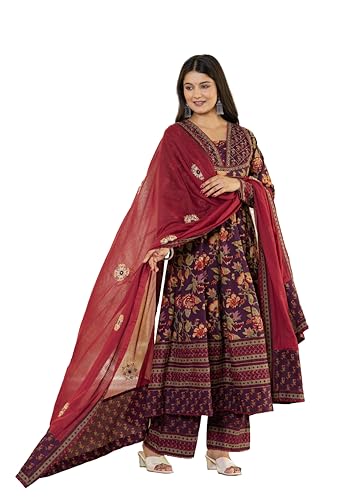 Pistaa's Women's Pure Cotton Anarkali Floral Printed Kurta with P...