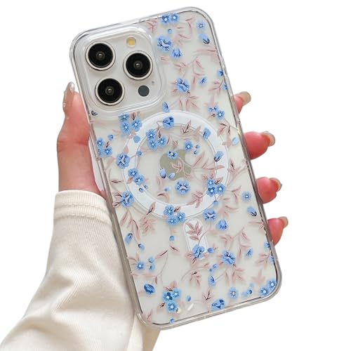 Coque iPhone 16 Pro compatible Magsafe transparente avec motif fleur bleue