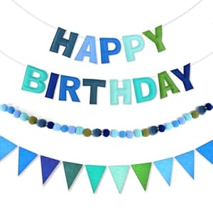 CANREVEL Pre-Strung 3D Rainbow Happy Birthday Banner, 3 PCS Happy Birthday Felt Sign, Pom Pom Garland, Triangle Fabric Bunting, Colorful Reusable Birthday Decorations for Women Men Girls Boys, Blue