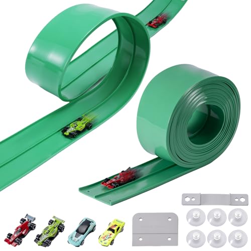 Flex Track Race Cars for Kids, Rubber Have Extra-Long 15.75ft is Customizable Race Track, with 4 Racing Cars and 6 Suction Cups, Flexible Race Track Easy to Store for Outdoor Play (Green)