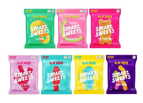SMART SWEETS VARIETY PACK ALL 7 FLAVORS INCLUDES Peach Rings, Sweet Fish, Sour Buddies, Sour Melons, Fruity Bears, Gummy Worms and Red Twists W/ Custom F.O.Y Brand Sealing Clip