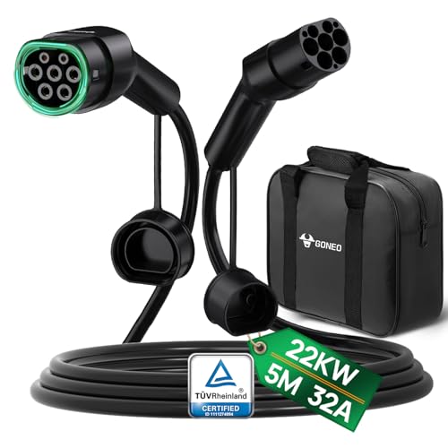 GONEO Type 2 Charging Cable 22KW 32A 5M 3 Phase Mode 3 Type 2 to Type 2 Electric Vehicle Car Plug-in Hybrid Fast Charging Cable for Model S/X/Y/3 ID.3-5 E-Tron e-208 Zoe