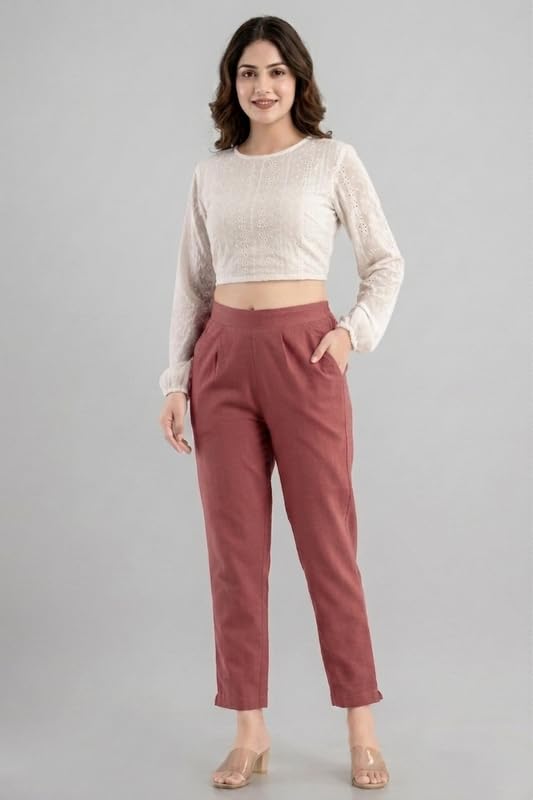 Image of Solid Cotton Woman Trousers Pants Regular Fit Kurti Pant with Drawstring Daily Office Formal Casual Use
