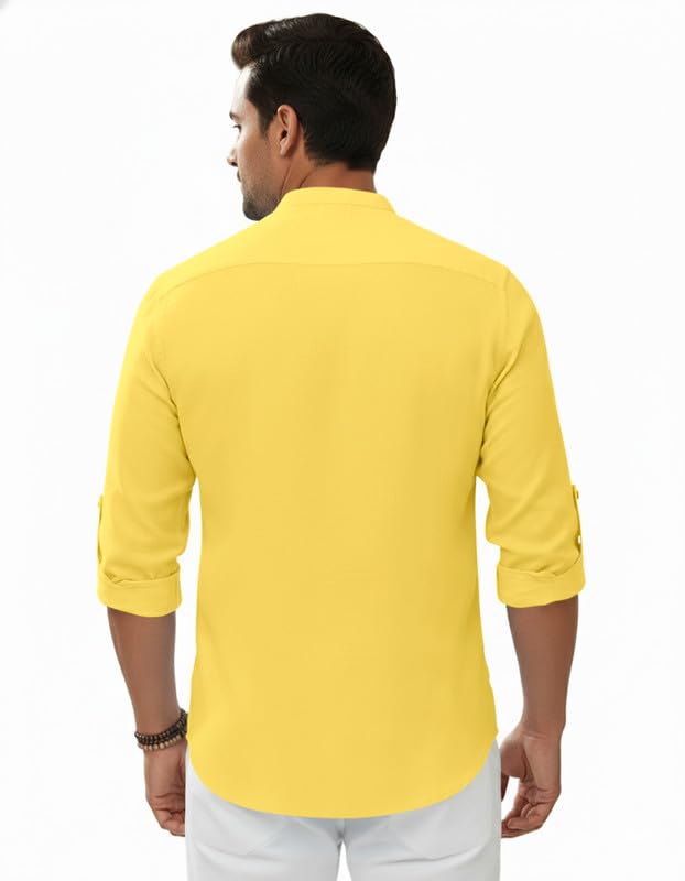 Image of Macsivo Men's Cotton Blend Solid Short Kurta with Regular Lenth Mandarin Neck Full Sleeves and roll-up tab| Kurta Style Shirt for Men