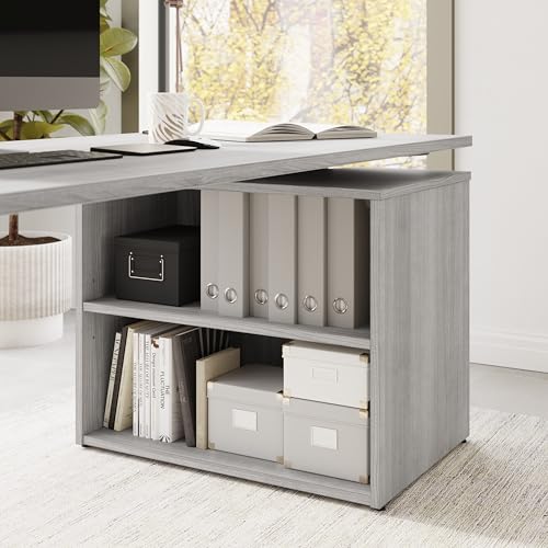 Image of Bush Business Furniture 60-inch Electric Height Adjustable Standing Desk with Bookcase, Ergonomic Sit-Stand Computer Table for Office, Stratus Collection, Platinum Gray with Metallic Gray Base