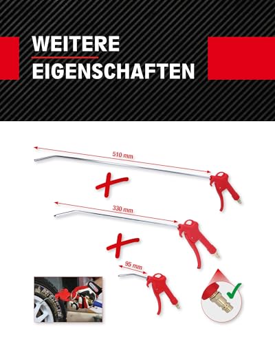 KS Tools Druckluftpistole Satz 3-tlg. 515.1921 I 6,3 Bar, 90 dBA I Ausblaspistole mit Düsen von 95-510mm - 1/4 NPT I Luftdruckpistole mit Aufhängefunktion
