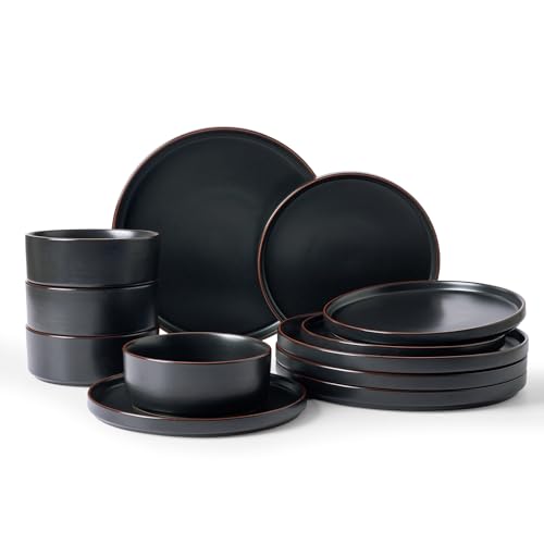 Image of Famiware Nebula Ridge Stoneware Dinnerware Sets, Plates and Bowls Sets for 4, 12 Pieces Dishes Set, Microwave and Dishwasher Safe Kitchen Plates, Matte Black