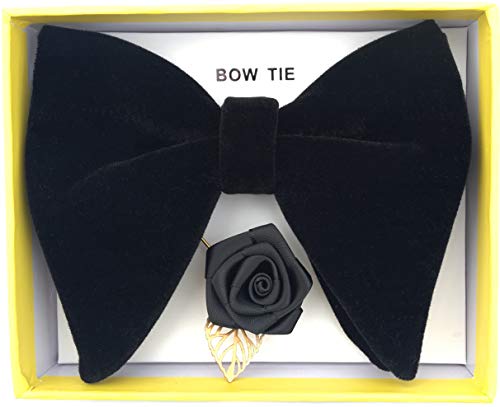 Justar Mens Pre-Tied Oversized Velvet Bow Tie With Flower Lapel Pin Brooch For Suit Wedding Tuxedo Bowtie Set (Black) #TOP1