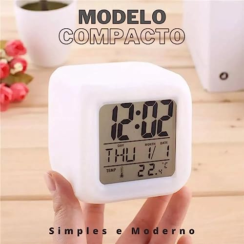 Relógio Despertador Cubo 7 Leds, Relogio Despertador 7 cores Troca Automatica Touch Lindo Design Res