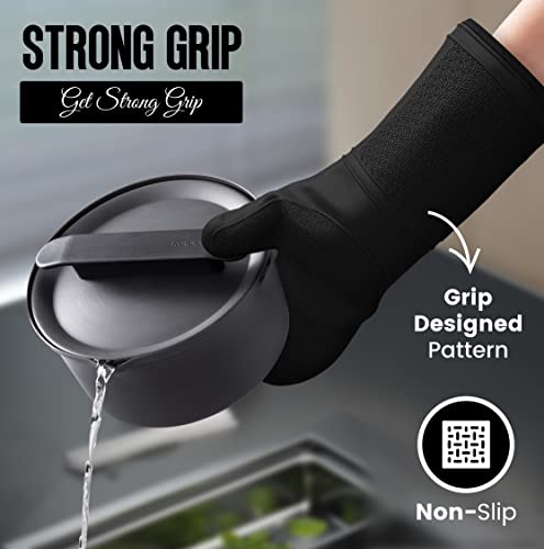 Foodobay Silicone Oven Mitts - 12.5” Jet Black Oven Mitts Heat Resistant 500F - Grippy Design,Soft Lining Silicone Oven Gloves - Oven Mits Set For Cooking Baking Kitchen Mittens Pot Holders Set Of 2 #TOP5