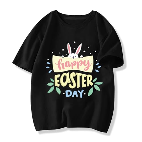 Toddler Boys & Girls Easter Short Sleeve Shirt, Kids Happy Easter Bunny Graphic Black Outfit Tops 4t