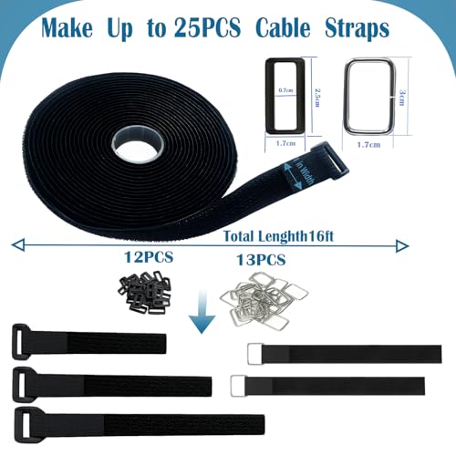 Image of 1 inch x 16ft Nylon Hook and Loop Straps with 12 Plastic13 Buckles Reusable Adjustable Strips Freely Cut-to-Length Straps for Organizer or Storage Straps （Black）