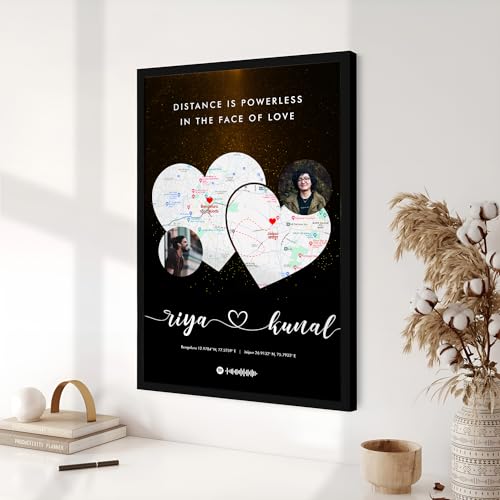 Image of Ritwika's Personalized Picture Frame With Long Distance Map - With Your Photo, Name, Message, Place And Song | For Couples and Friends | In Two Size 9.5 x 13.5 and 13.5 x 19.5 Inch, Set of 1