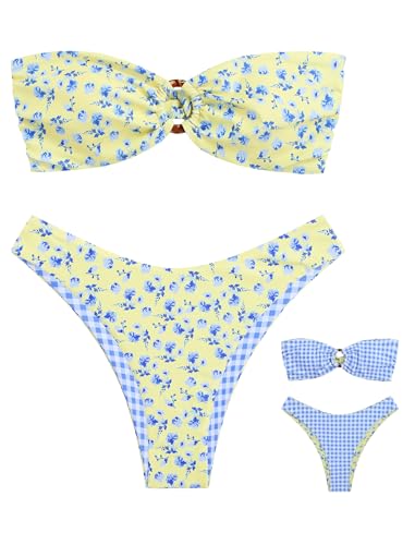 Image of ZAFUL Women's Bandeau Bikini O Ring Strapless Tie Back High Cut Two Piece Swimsuit Bathing Suits