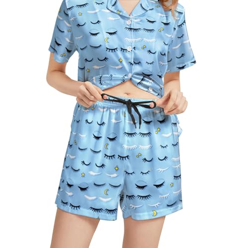 Image of Funny Satin Pajamas Set for Women Button Down Sleepwear Print Pjs Set 2 Piece Short Sleeve Loungewear Gift for Women