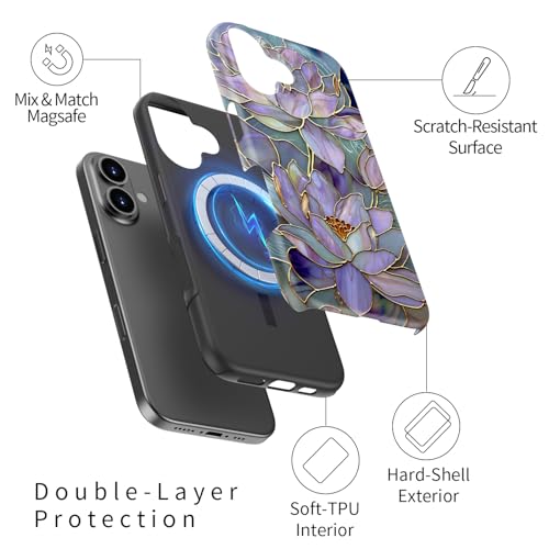 Image of Goodon for iPhone 16 Plus Case Cute - Wireless Charging Compatible - Dual-Layer Hard Shell + Silicone Cover - Protective Phone Case with Trendy Designs for Women - Abstract Lotus