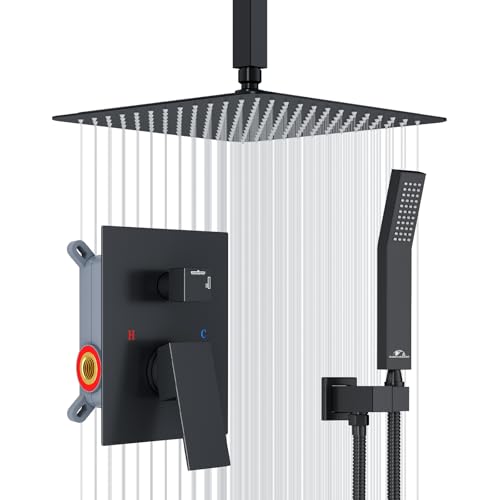 SunCleanse Rainfall Shower System Matte Black Ceiling Mounted Shower System Combo Set with High Pressure 12 Inches Square Rain Shower Head Handheld and Shower Faucet Rough-in Mixer Valve and Trim
