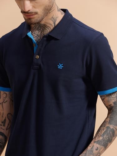 Image of WROGN Men's Contrast Rib Pique Polo T-Shirt | Navy Blue Smart Casual Polo
