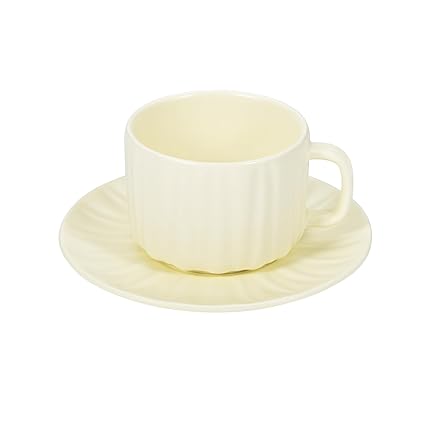 Denovin Ceramic Coffee Cup and Saucer Set, Cappuccino Espresso Demitasse Cute Mug with Bitter Melon Stripes, 8oz Perfect for Milk Tea Latte Oatmeal, Dishwasher and Microwave Safe (Apricot)