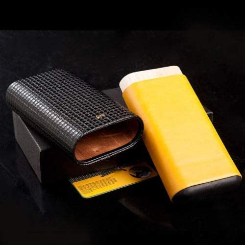 Cigar in Style Yellow Black Leather Cedar Wood 3Ct Adjustable Cigar Case Holder Humidor - Thumbnail 2