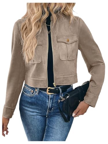 GORGLITTER Women's Zip Up Crop Jacket Faux Suede Long Sleeve Cropped Cargo Jacket Outerwear Trendy Jackets 2025