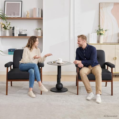 Image of STHOUYN Upholstered Accent Chair, Black Leather Chair with Wood Frame (1) | STHOUYN, Tufted Backrest, Reading, Mid-Century Modern, Comfy, Living Room, Waiting Room