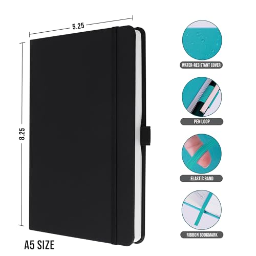 Image of Doodle Pack of 5 Personalized A5 Executive PU Leather Notebook Diary - Hard Bound Professional Office Notebook with Elastic Band, Ribbon Bookmark & Pen Loop | 160 Pages 80 GSM | Corporate & Personal Use - Black