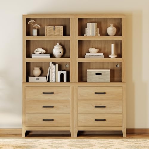 WAMPAT 74" Tall BookBookshelf, Large Farmhouse Bookcase with 3 Drawers Set of 2, Wood Bookshelves Storage Cabinets for Living Room, Home Office, Library, Oak