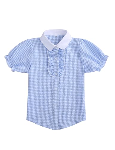 Image of Girls Short Sleeve Button Down Shirts Ruffle School Uniform Crop Tops Peter Pan Collar Plaid Blouse 4-13Y