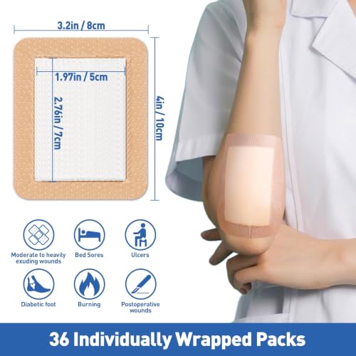 Image of AZEN 36 Pack Silicone Foam Dressing, 3.2 inch X 4 inch Waterproof Silicone Bandages with Border Adhesive, Large Bandages for Wounds, Self Adhesive Wound Care and Dressings