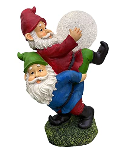 RAYWER Solar Powered 2 Gnomes Playing with Ball, Decorated Solar Light, Garden Decorations Statues, Garden Light Decor for Lawn Ornaments, Resin Garden Figurines (2 Gnomes with a Glass Ball)